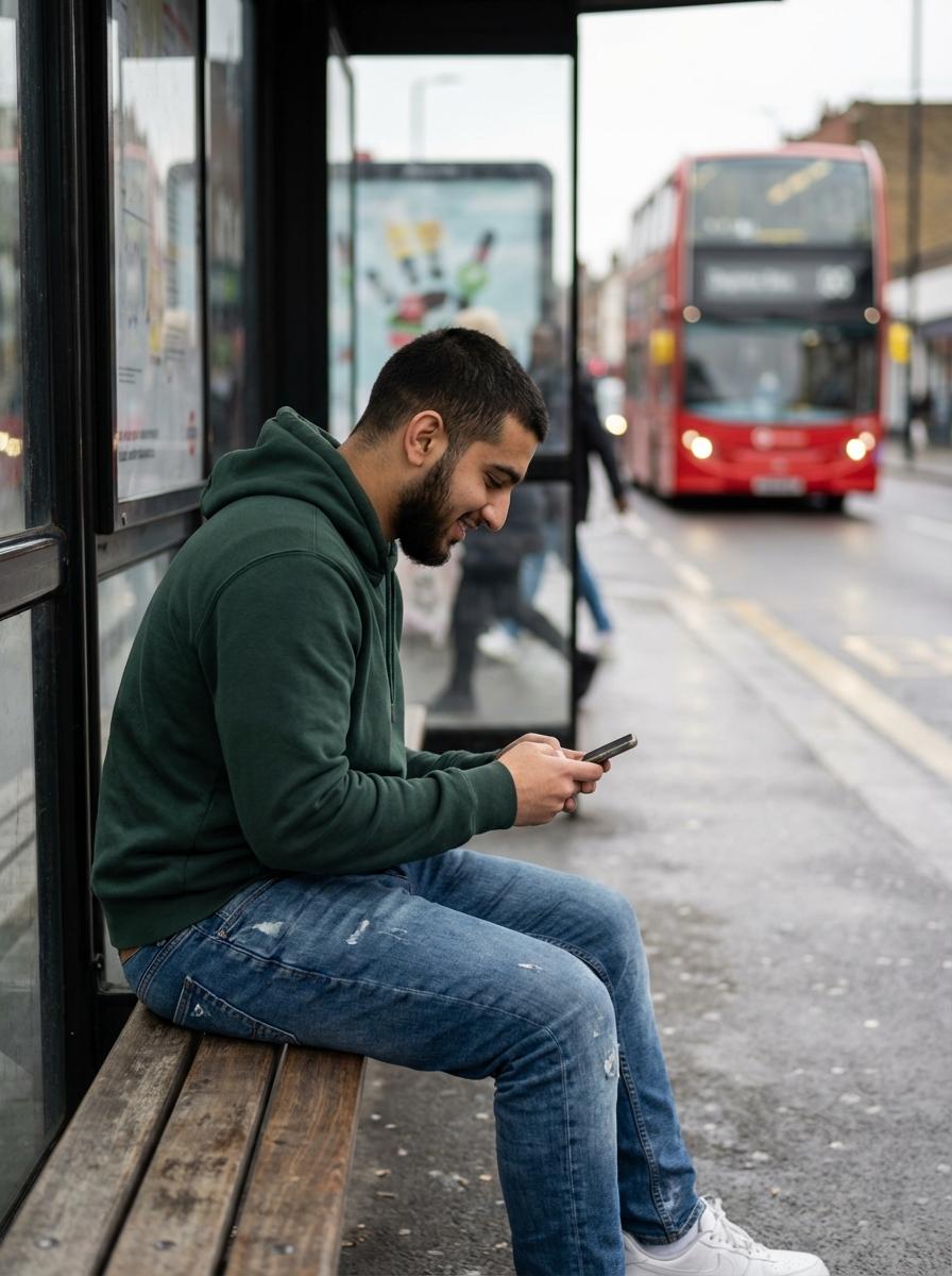 Young man at a London bus stop smiling at his phone — the moment a gentle WhatsApp reminder lands and he thinks oh right, I need to do that