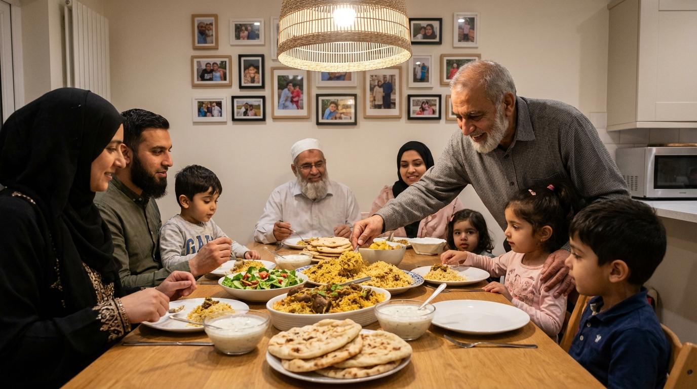 Multi-generational family sharing dinner at home