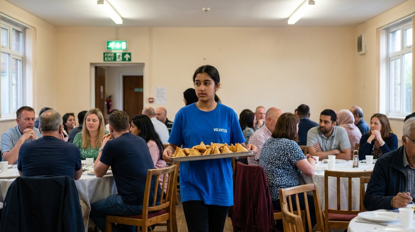 Young volunteer carrying a tray through a busy community dinner, guests eating and chatting at tables